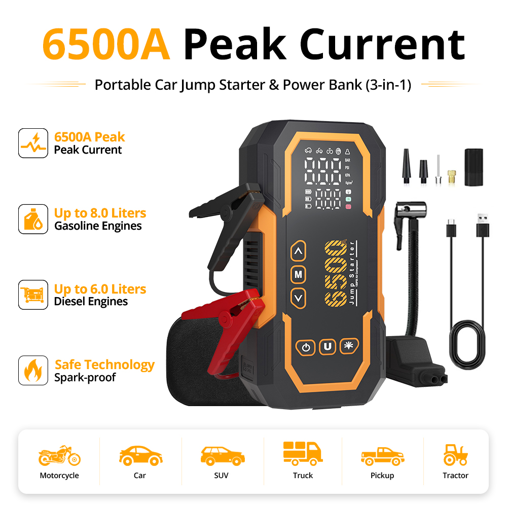 Solar Jump Starter Power Bank - แบตเตอรี่รถยนต์ 6500 แอมป์สตาร์ท-แบตเตอรี่รถยนต์ 12 โวลต์กระโดดเริ่มต้นแพ็ค,กล่องกระโดดแบบพกพาไฟฟ้าธนาคารและสายจัมเปอร์สำหรับรถสตาร์ท