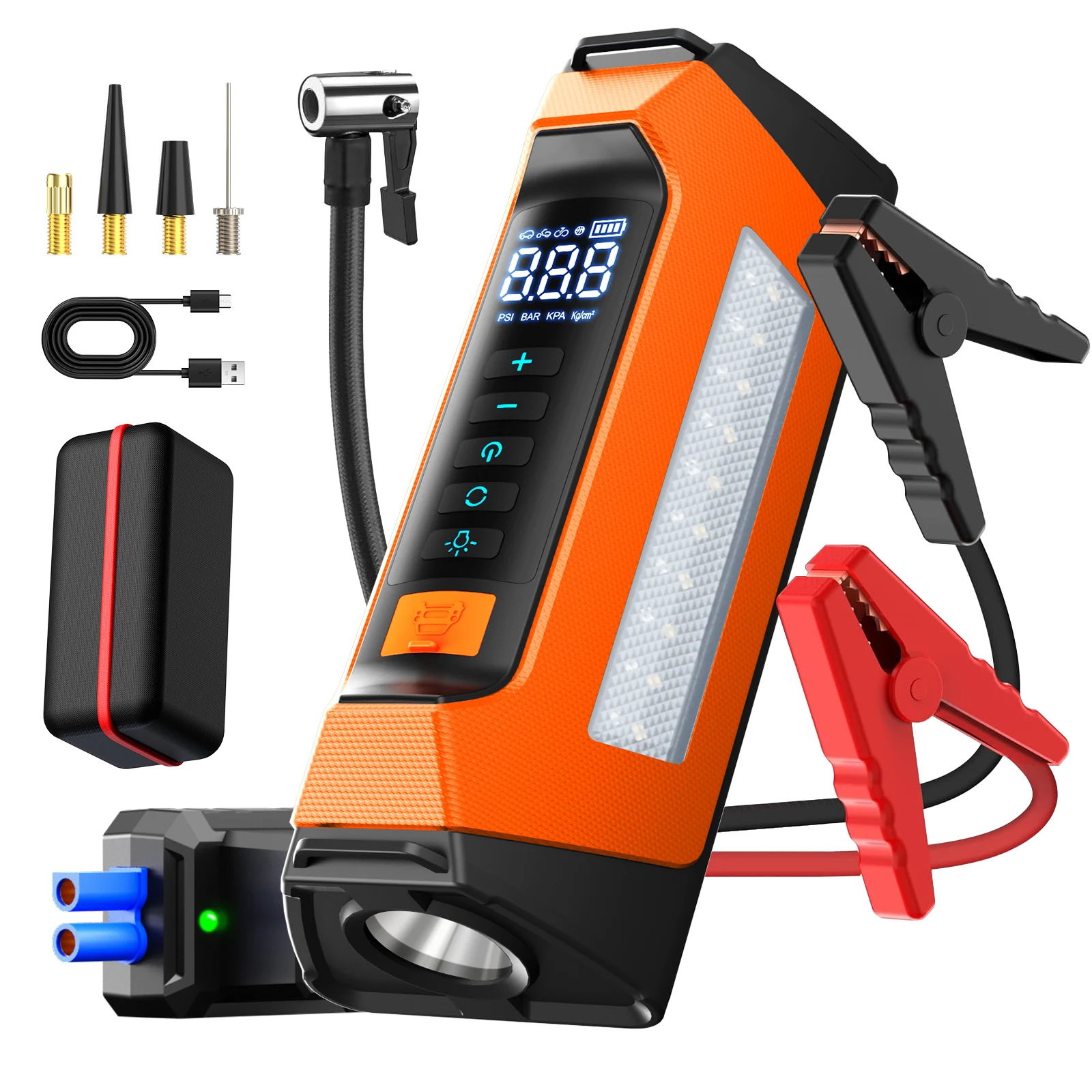 Jump Starter With Air Compressor - เครื่องช่วยสตาร์ทรถยนต์แบบมืออาชีพ 8000 แอมป์ 200 ปอนด์ต่อตารางนิ้ว พร้อมฟังก์ชั่นหลากหลาย