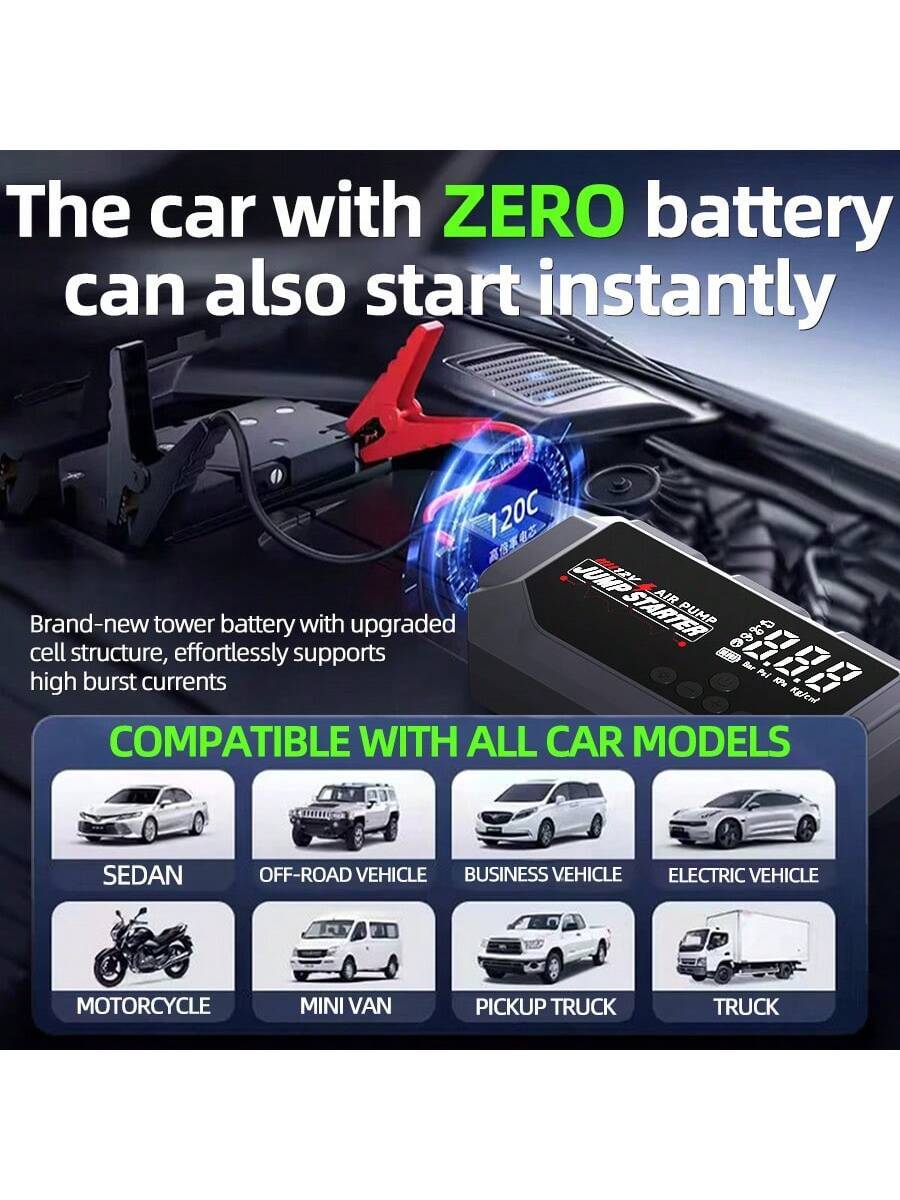 Jump Starter With Air Compressor - เครื่องจั๊มพ์สตาร์ทรถยนต์ฉุกเฉินอัจฉริยะ HUASHIJIE แบบพกพา ความจุขนาดใหญ่ 12V 8000A