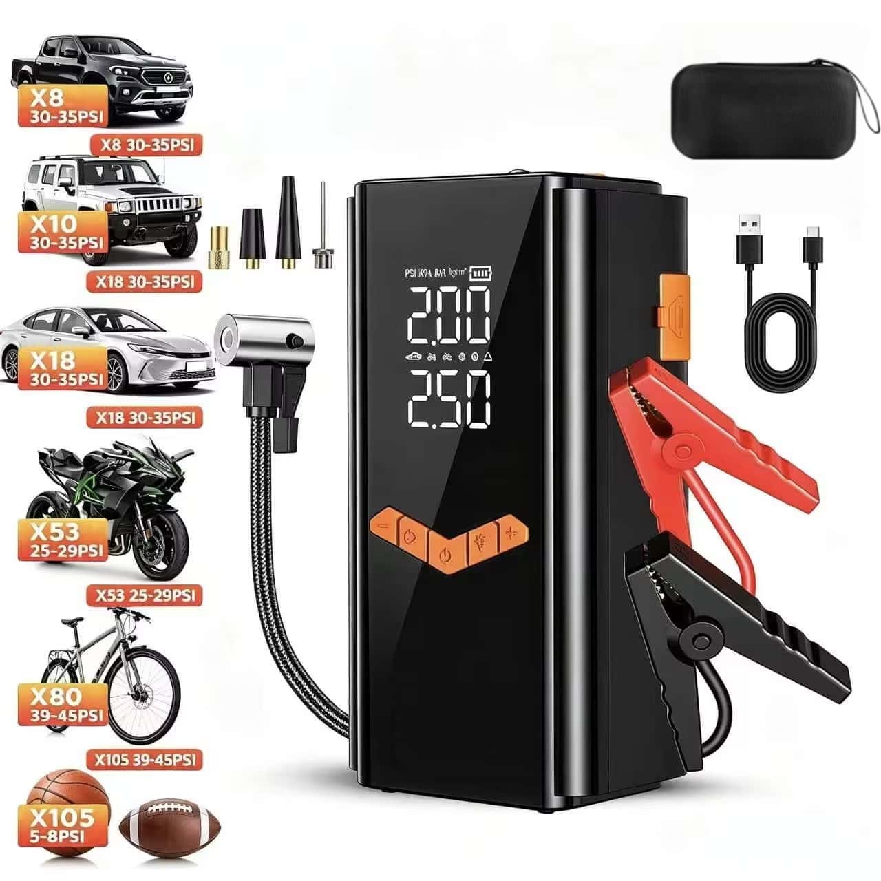 Jump Starter 12V Diesel - เครื่องสตาร์ทรถยนต์ 4-IN-1 พร้อมปั๊มลมเติมลมยาง 150PSI เครื่องช่วยสตาร์ทรถยนต์แบบพกพา แบตเตอรี่สำรองสำหรับรถยนต์
