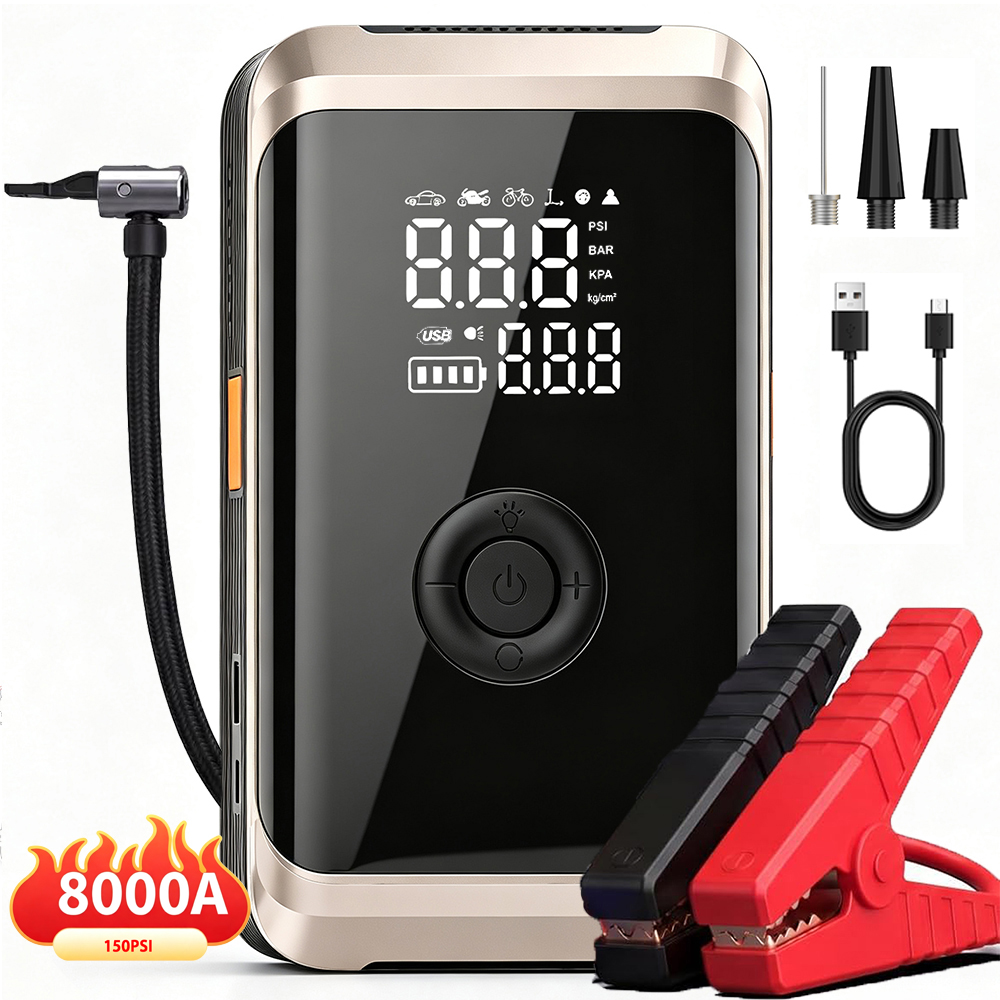 Jump Starter With Air Compressor - เครื่องสตาร์ทรถยนต์ 4-IN-1 พร้อมเครื่องอัดอากาศ ฟังก์ชันหลากหลายสำหรับเติมลมยาง แหล่งจ่ายไฟฉุกเฉิน ปั๊มลมสำหรับยางรถยนต์