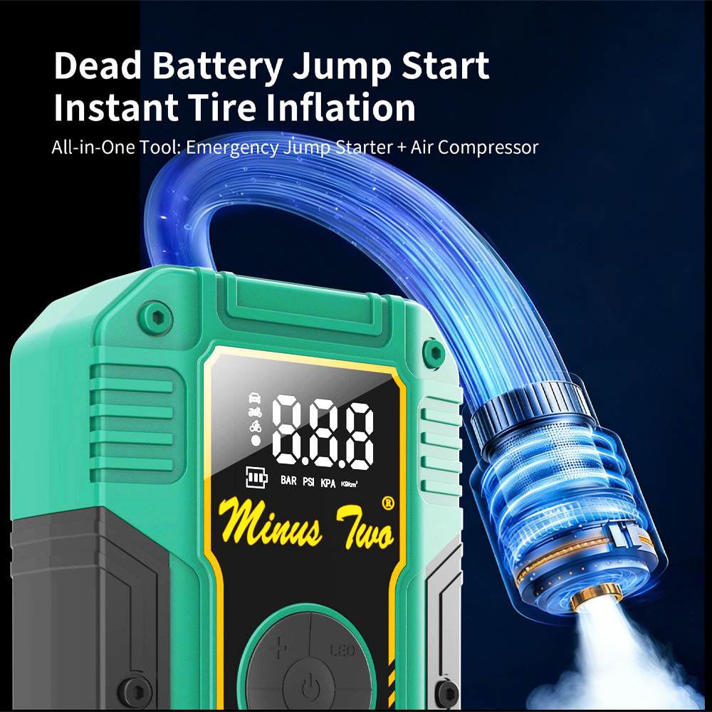 Jump Starter With Air Compressor - อุปกรณ์สตาร์ทรถยนต์ฉุกเฉิน 12V พร้อมพาวเวอร์แบงค์และปั๊มลมในตัว แบตเตอรี่สำรองแบบพกพา ปั๊มเติมลมยาง สำหรับรถ