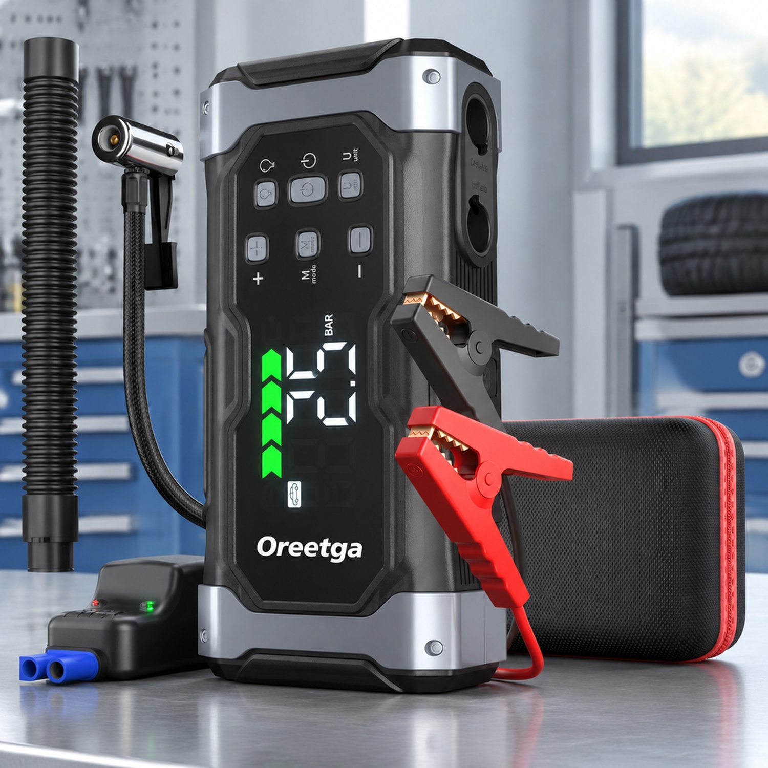 Jump Starter With Air Compressor - อุปกรณ์สตาร์ทรถยนต์แบบพกพา 9000A รุ่นอัปเกรด พร้อมเครื่องอัดลมสำหรับเติมลมยาง/ปล่อยลม, ชุดอุปกรณ์ 9-in-1