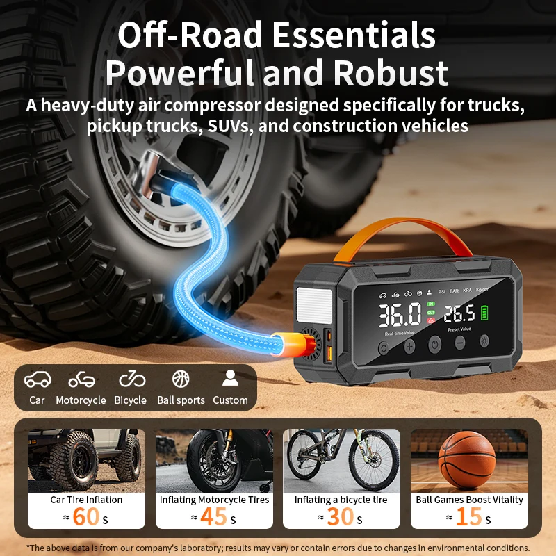 Jump Starter Power Bank 20000Mah - เครื่องเติมลมยางไร้สายสำหรับมอเตอร์ไซค์ 20000mAh พร้อมจั๊มสตาร์ทในตัว พาวเวอร์แบงค์ และไฟฉุกเฉิน LED